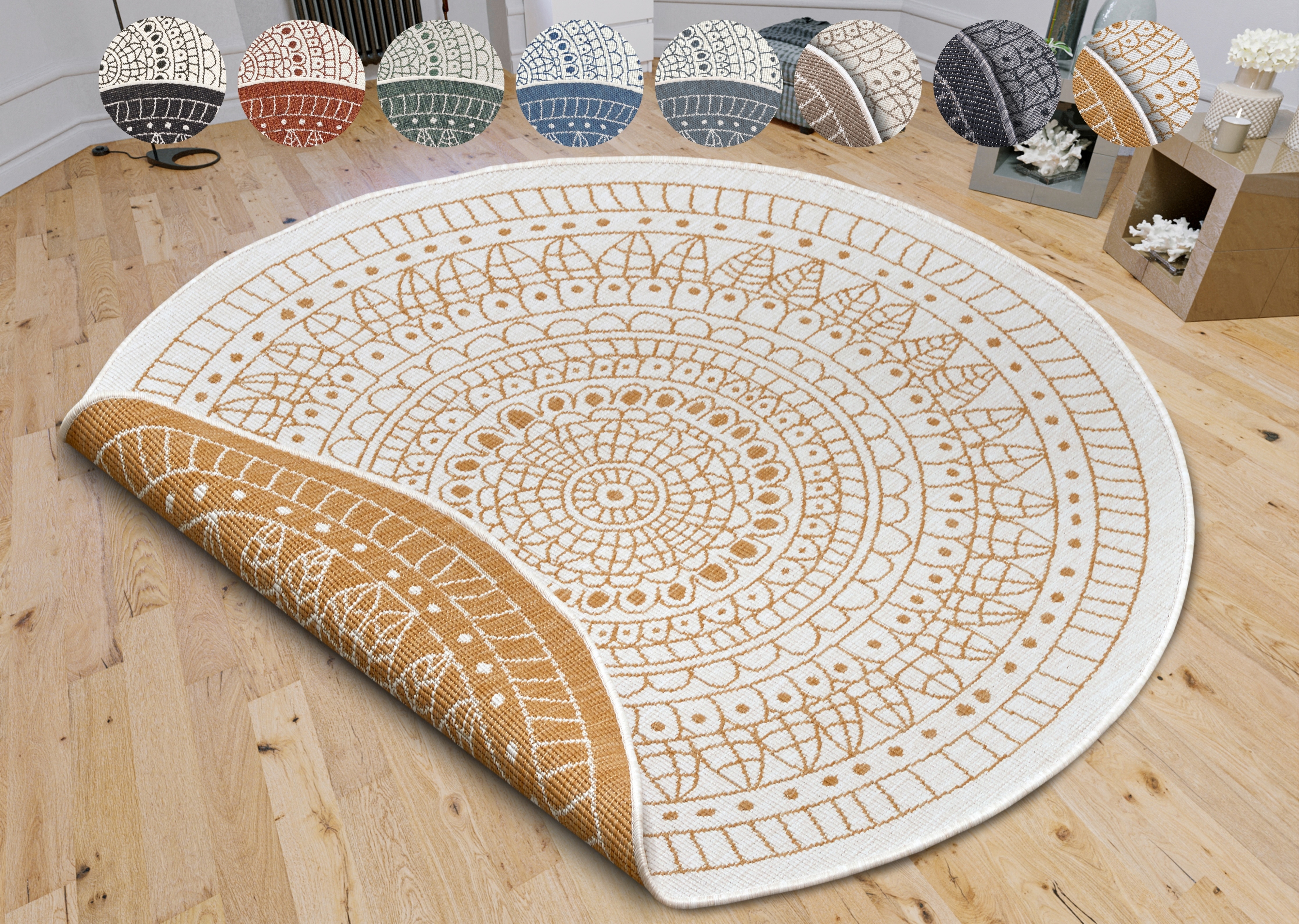 Teppich HANSE HOME "Porto Wendeteppich", gelb (ocker), H:5mm Ø:100cm, Kunstfaser, Teppiche, Teppich, In-& Outdoor, Wetterfest, Balkon, Garten, Wohnzimmer, Wasserfest