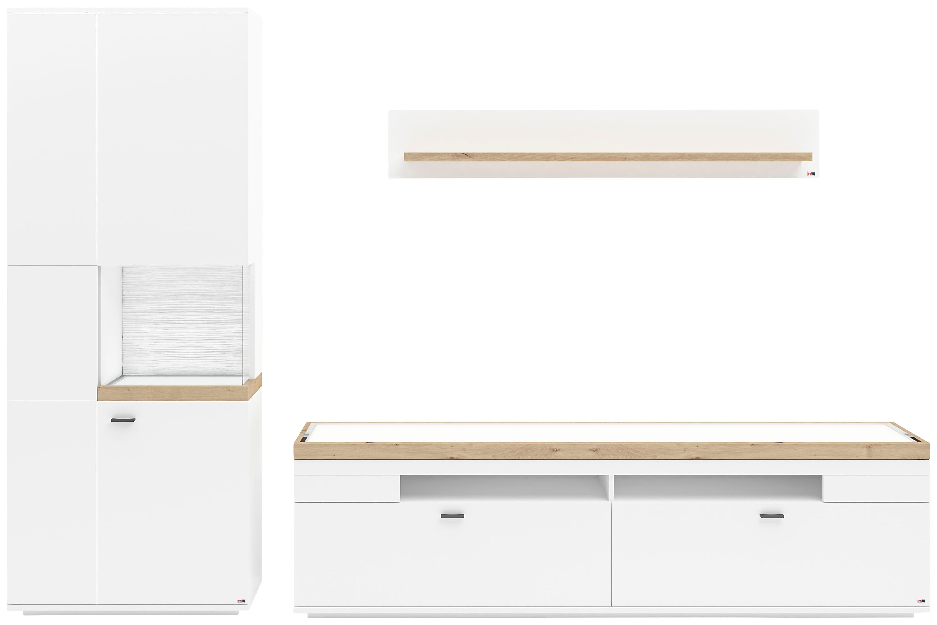 Wohnwand "Lancaster", weiß (weiß mit eiche artisan), B:300cm H:206,2cm T:43,6cm, SET ONE BY MUSTERRING, Kastenmöbel-Sets, 3-teilig mit Fronten in weiß oder grau, Breite ca.300cm