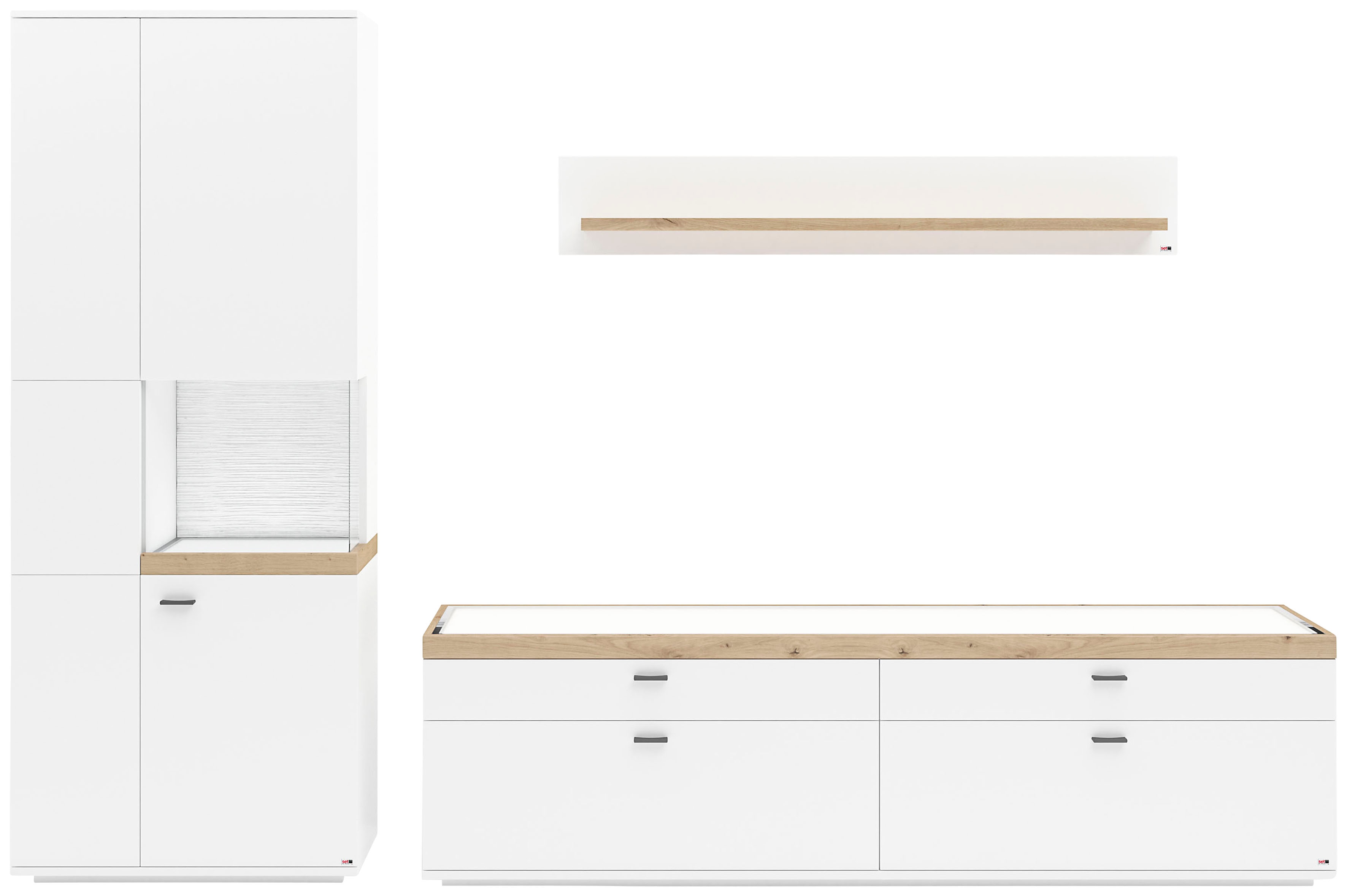 Wohnwand "Lancaster", weiß (weiß mit eiche artisan), B:300cm H:206,2cm T:43,6cm, SET ONE BY MUSTERRING, Kastenmöbel-Sets, 3-teilig mit Fronten in weiß oder grau, Breite ca. 300cm