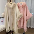 Manteau en fausse fourrure de lapin Rex pour femme cape à capuche glands mélanges de laine