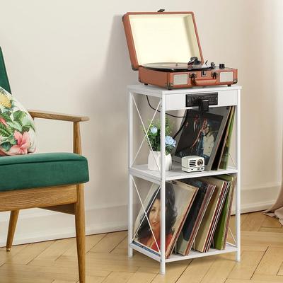 3-Tier Vinyl Record Storage Shelf Turntable Stand with Charging Station