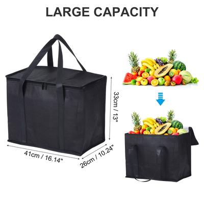 2Pcs Insulated Reusable Grocery Bag Food Delivery Bag with Zipper 16x10x13" - Black