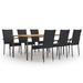 Anself 7 Piece Patio Dining Set Acacia Wood Tabletop Table and 6 Chairs Black Poly Rattan Steel Frame Outdoor Dining Set for Garden Lawn Courtyard