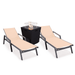LeisureMod Marlin Modern Black Aluminum Outdoor Patio Chaise Lounge Chair With Arms Set of 2 with Square Fire Pit Side Table Perfect for Patio Lawn and Garden (Light Brown)