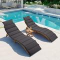 Outdoor Patio Acacia Wood Portable Extended Chaise Lounge Set with Foldable Tea Table for Balcony Poolside Garden Beautiful Curves Brown Finish+Gray Brown Cushion (Brown+Gray)