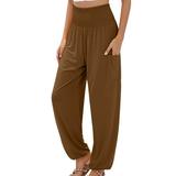 Summer Saving Clearance POROPL Cargo Pants for Women Clearance Under $20 Casual Loose Solid High Waist Wide Leg Pocket Straight Lounge Pants Women Brown Size 4