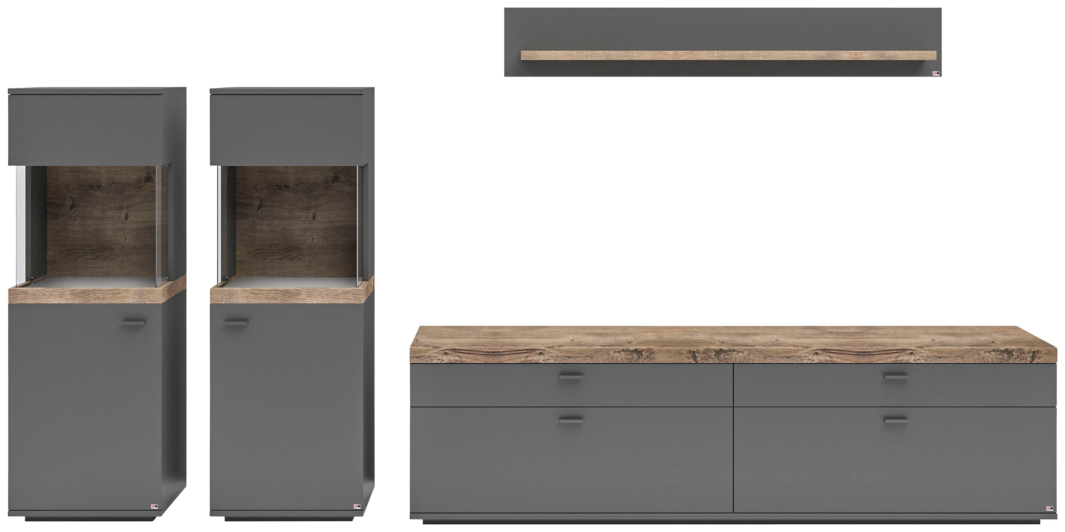 Wohnwand "Lancaster", grau (grau mit eiche ribbeck cognac), B:330,2cm H:170cm T:43,6cm, SET ONE BY MUSTERRING, Kastenmöbel-Sets, 4-teilig mit Fronten in weiß oder grau, Breite ca.330cm