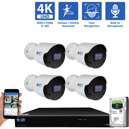 GW Security 8 Channel NVR UltraHD 4K Face/Human/Vehicle Detection PoE Security Camera System with 4 x 4K (8MP) IP Microphone AI Bullet Camera 100ft Night Vision Outdoor/Indoor Surveillance Camera