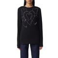 Love Moschino Women's Tight-fit Long-Sleeved with Love Storm of Hearts Water Print and Rhinestones Application T-Shirt, Black, 42