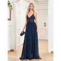 Lucyinlove-Robe de Soirée Longue en Tulle Bleu Marine Tenue Élégante Sexy Décolmétrage en V