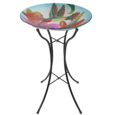 18" Outdoor Glass Flower and Hummingbird Birdbath with Stand, Multicolor