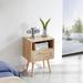 15.75" Rattan End table with drawer and solid wood legs, Modern nightstand, side table