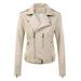 Lovskoo Women Faux Leather Jacket Moto Biker Coat Trendy Jacket Solid Long Sleeve Zipper Pocket Asymmetrical Motorcycle Jacket Standard Outerwear Tops Short Coat Beige