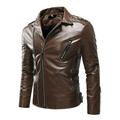 Penkiiy Men s Autumn Winter Long-sleeved Leather Motorcycle Jacket Zipper Coat Long Sleeve Hoodless Faux Leather Outwear & Jackets Suit Jackets PU Brown on Sale