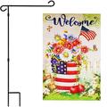 G128 Combo Pack: Garden Flag Stand Black 36 in x 16 in & Garden Flag Patriotic Decoration Welcome USA Flag Flower Pot 12 x18 Double-Sided Blockout Fabric