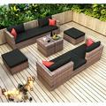 10 Pieces Outdoor Patio Garden Brown Wicker Sofa Set Sectional Conversation Sofa Set with Black Cushions Red Pillows and Furniture Protection Cover