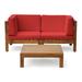 Christopher Knight Home Oana Outdoor 2-Seater Acacia Wood Sectional Loveseat and Coffee Table Set with Cushions by teak + red cushion