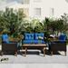 Patio Conversation Set 4-Piece Outdoor Garden Furniture Set Patio Seating Set PE Rattan Outdoor Sofa Set Wood Table and Legs Blue