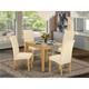East West Furniture 5 Piece Oxford Square Table with Linen Beige Fabric Kitchen Chairs with Oak Chair Legs