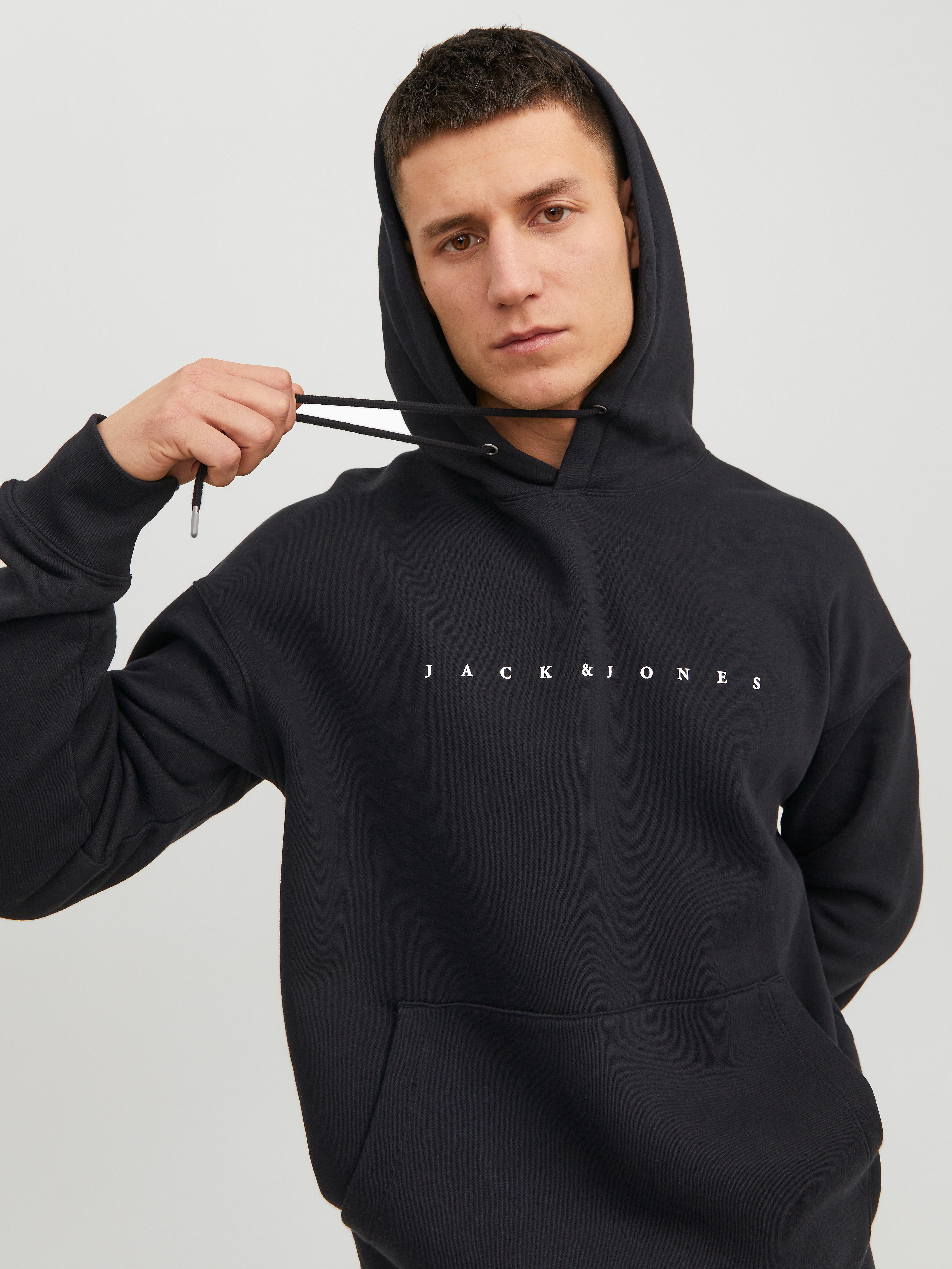 Kapuzensweatshirt JACK & JONES "JJESTAR mit 3D-Print und Kapuze für vielseitige Anlässe", Herren, Gr. M, schwarz, angeraute Sweatware, Obermaterial: 70% Baumwolle, 30% Polyester, bedruckt, relaxed fit normal, Rundhals, Rippbündchen, Sweatshirts,...