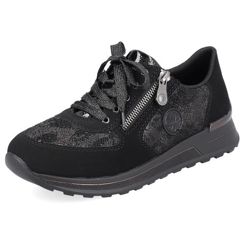 Sneaker RIEKER Gr. 42, schwarz (schwarz, kombiniert) Damen Schuhe in Metallic-Optik, Freizeitschuh, Halbschuh, Schnürschuh