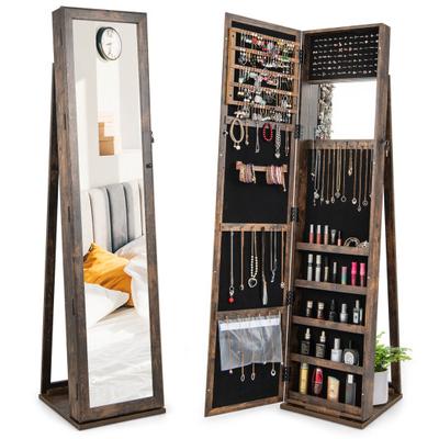 Costway Standing Lockable Jewelry Storage Organizer with Full-Length Mirror-Brown