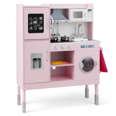 Costway Pretend Play Kitchen for Kids with 16 Pieces Accessories-Pink