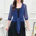 Cardigan d'été à col en V pour femme haut transparent demi-manches veste courte à lacets couleur