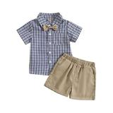 Rovga Summer Toddler Boys Outfits Suit Short Sleeved Plaid Shirt With Bow Tie Almond Shorts Performance Suit Gentleman Suit