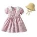 Herrnalise Toddler Baby Girl Summer Dress Short Puff Sleeve Round Neck button Up A Line Polka-dot Pullover Beach Dress One Piece Outfits Pleated Short Dresses(3M-4Y)Pink