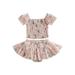 Toddler Baby Girls Summer Clothes Outfits Floral Print Off Shoulder Short Sleeve Ruched T-shirts+Ruffles Shorts Skirts 2Pcs Suit