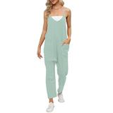 Sayhi Jumpsuits For Women Summer Casual Rompers Loose Strap Solid Jumpsuit With Pocket V-neck Stretchy Dressy Bodysuit Green XXL