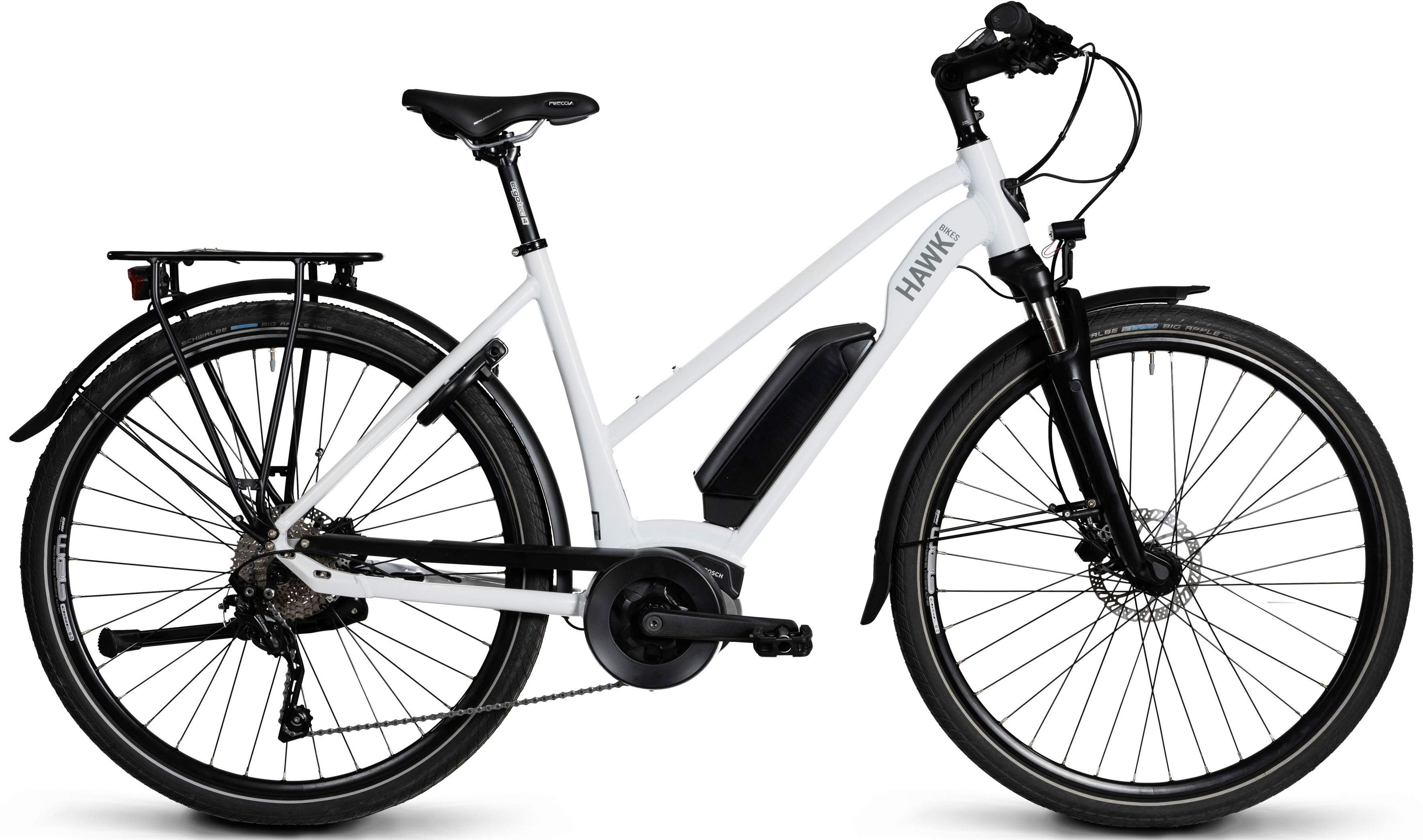 E-Bike HAWK BIKES "E-Trekking 500 Lady" Gr. 48, weiß (weiß, schwarz), Elektrofahrräder, 48cm, 28 Zoll (71,12cm), Pedelec, Elektrofahrrad für Damen u. Herren Image