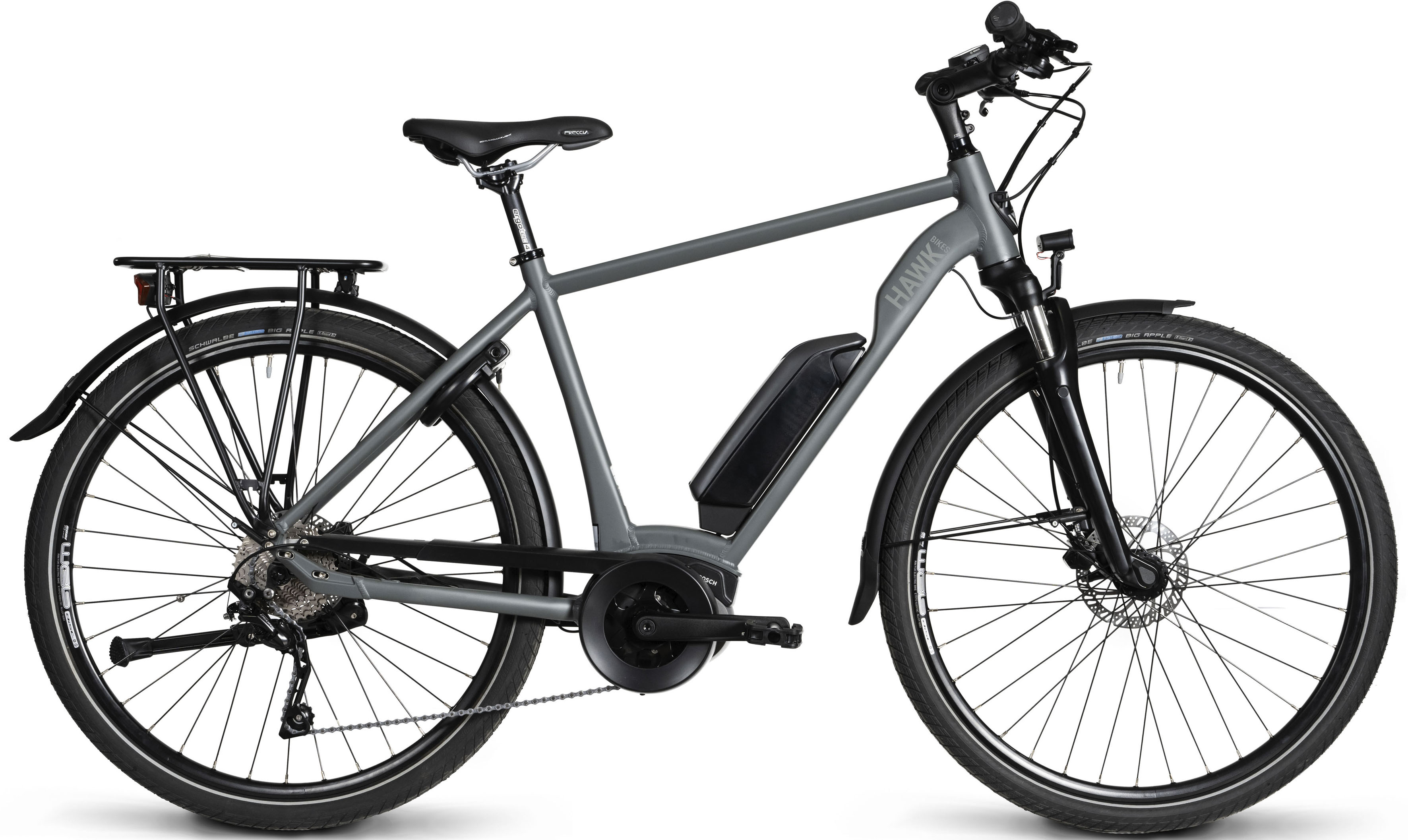 E-Bike HAWK BIKES "E-Trekking 500 Gent" Gr. 53, grau (grau, schwarz), Elektrofahrräder, 53cm, 28 Zoll (71,12cm), Pedelec, Elektrofahrrad für Damen u. Herren Image