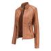 wendunide coats for women New Ladies Slim Leather Stand-Up Collar Zipper Stitching Solid Color Jacket Womens Fleece Jackets Brown 3XL