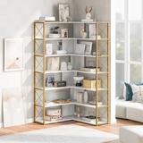Industrial 7-Tier Rotating Bookshelf, L-Shaped Corner Bookcase Double Wide Bookcase, Open Bookcase