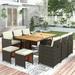 Euroco 11 Pieces Patio Dining Table Set All-Weather PE Wicker Table Set for 10 Persons Brown Rattan & Beige Cushion