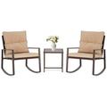 SUNCROWN 3 Piece Outdoor Bistro Set Patio Rocking Chair Brown Wicker Chairs with Brown Cushion and Glass-Top Table