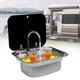 RV Caravan Hand Wash Basin Sink with Folded Faucet Tempered Glass Lid Single Bowl Kitchen Sink for Boat Camper Trailer Van Stainl
