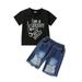 Toddler Boys Summer Clothes Suits Letter Print Short Sleeve T-Shirts Ripped Denim Shorts/Plaid Shorts