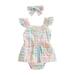 Sprifallbaby Baby Girls Summer Plaid Rompers Set Fly Sleeve Lace Trim A-line Dress with Headband for Casual 0-18M