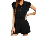 REORIAFEE Women Jumpsuits Dressy Elegant Lapel Short Sleeve Romper Solid Color Overall Rompers for Women Summer Shirt Button Jumpsuit Shorts Women Jumpsuits Casual Black M