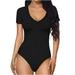 REORIAFEE Bodysuit Romper for Women Sexy V Neck Short Sleeve Romper Solid Color Jumpsuits For Women Summer 2023 Tight Fit Jumpsuit Bib Overalls Women Black S