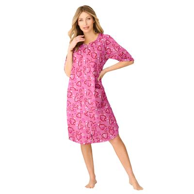 Plus Size Women's Short French Terry Zip-Front Robe by Dreams & Co. in Pink Hearts (Size 1X)