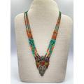 Vintage Tibetan Design Old Necklace With Natural Turquoise Coral Stone