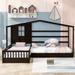 Wood House Bed Twin Size, 2 Twin Solid Bed L structure with fence and slatted frame （Espresso)