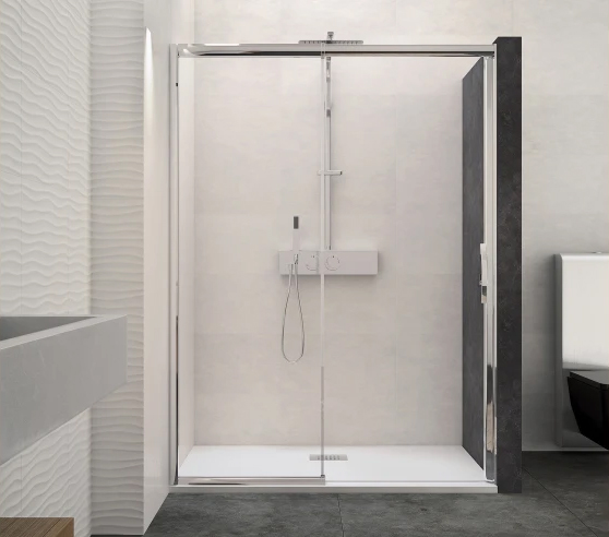 Paroi de douche MACAO sans seuil 142-155 cm blanc transparent avec partie fixe gauche KINEDO PA649BTNEG