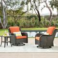 HOOOWOOO Outdoor Patio Wicker Swivel Rocker Set 3-Piece Rocking Chair Bistro Set with Orange Red Cushions and Coffee Table for Balcony Brown Wicker