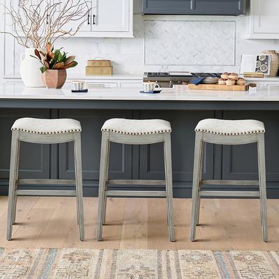 Julien Bar & Counter Stool - Counter Height (23"H Seat), Light Chestnut, Quilted Bonded Leather, Light Chestnut/ Quilted Dove Gray/Counter Height - Grandin Road