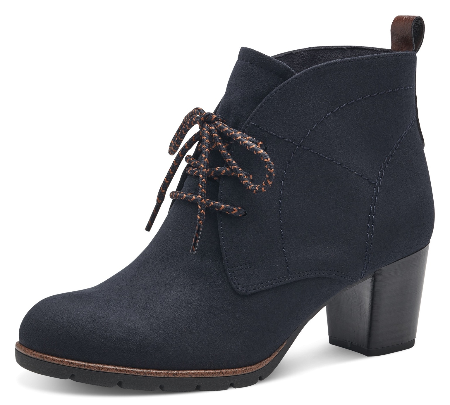 Schnürstiefelette MARCO TOZZI, Damen, Gr. 41, blau (dunkelblau kombiniert), Lederimitat, Textil, Veloursleder, unifarben, Schuhe, Blockabsatz, Ankleboots, Schnürboots mit Ziernähten, Topseller